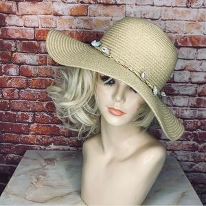D&Y Floppy Seashell Embellished Tan Packable Paper Beach Hat